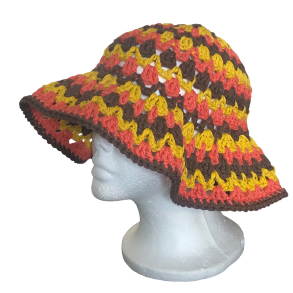 Crochet Bucket Hat | Fall Festival -Brown, Coral, Mustard - Picture 13 of 15